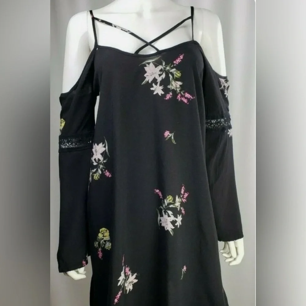 Xhilaration Womens Black Floral Cold Shoulder Pink Peasant Dress Size XXL